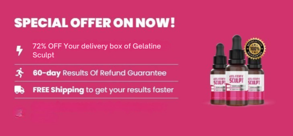 Special offer banner for Gelatine Sculpt showing 72% off, 60-day money back guarantee and free shipping