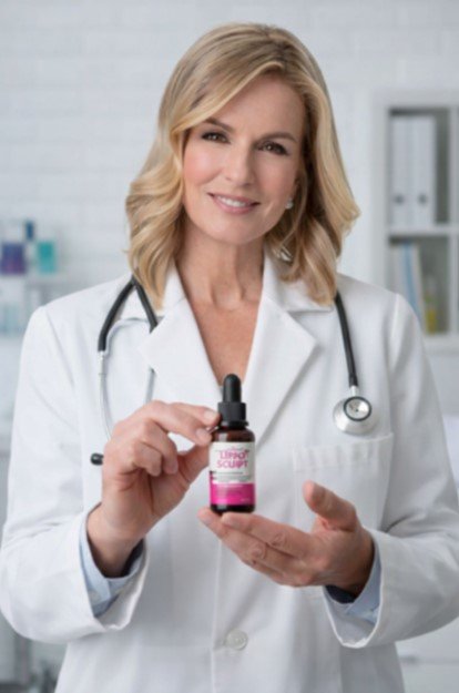 Female doctor in white coat holding a bottle of Gelatine Sculpt dietary supplement, recommending the product