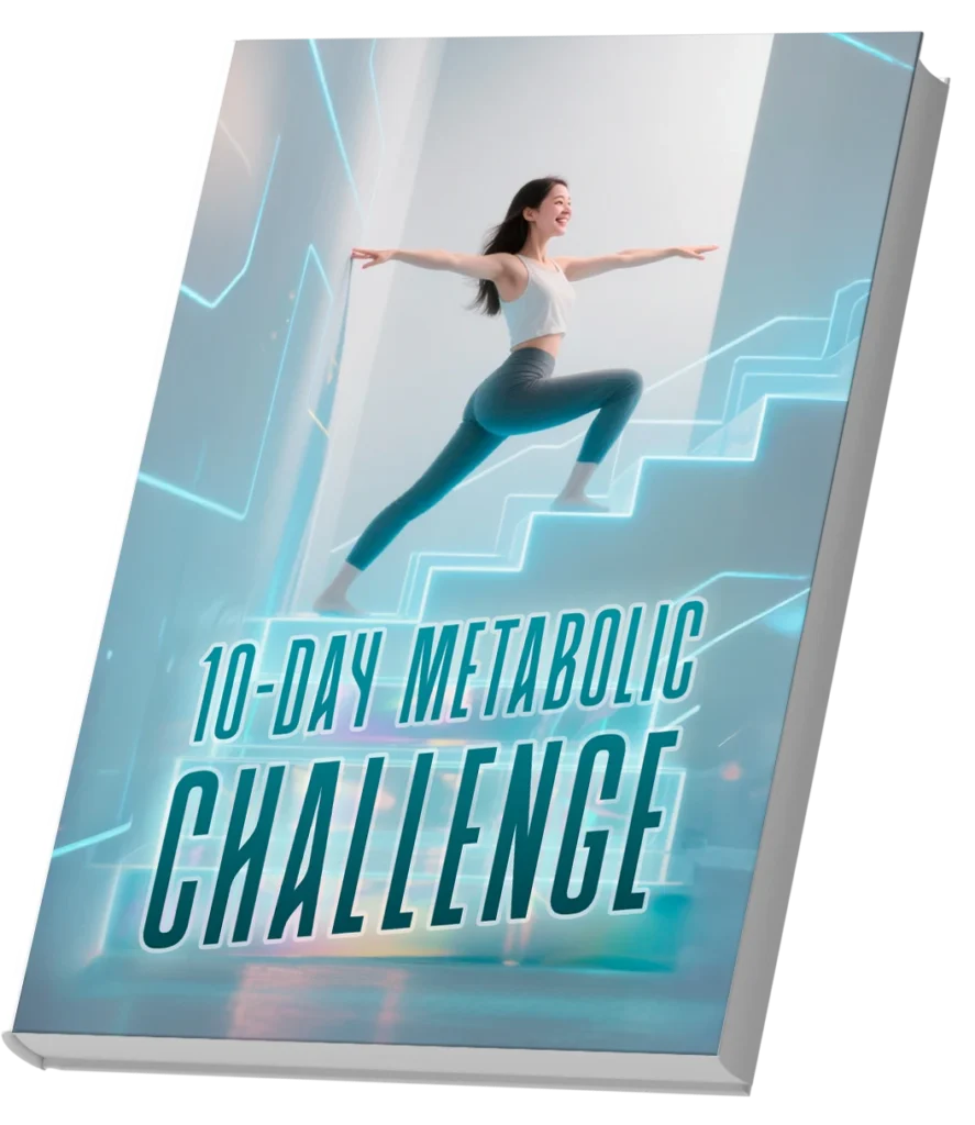 Ebook cover of the 10-Day Metabolic Challenge featuring a smiling Asian woman in a dynamic fitness pose on glowing blue neon stairs in a futuristic environment, representing energy, movement, and body transformation in 10 days