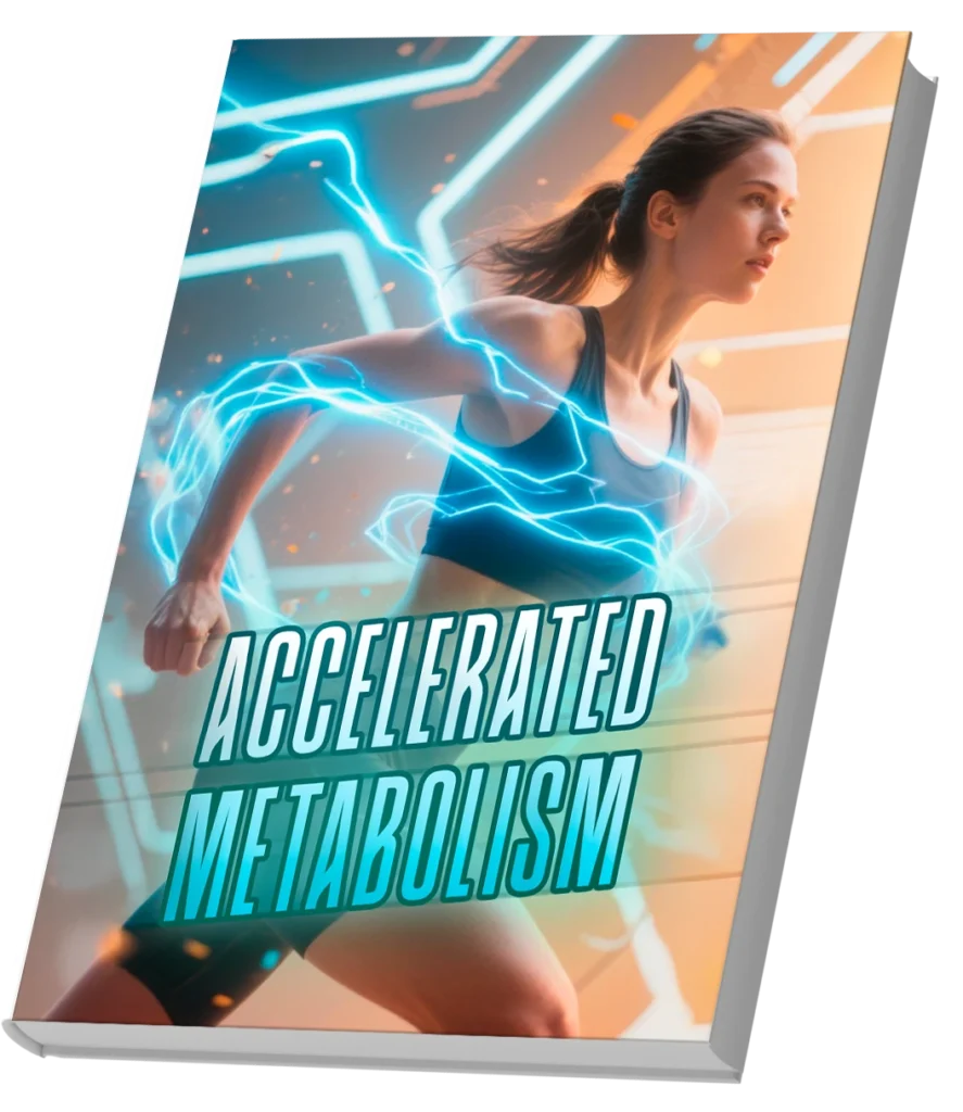 Ebook cover of Accelerated Metabolism featuring a woman runner in powerful dynamic motion surrounded by bright cyan blue electric energy rays wrapping around her body, set against a metallic hexagonal background with warm orange lighting, conveying speed, strength, and metabolic acceleration
