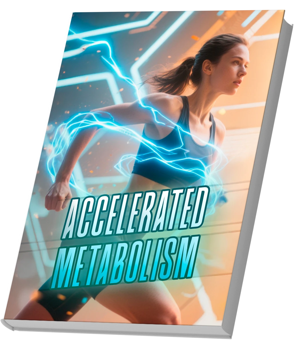 Ebook cover of Accelerated Metabolism featuring a woman runner in powerful dynamic motion surrounded by bright cyan blue electric energy rays wrapping around her body, set against a metallic hexagonal background with warm orange lighting, conveying speed, strength, and metabolic acceleration