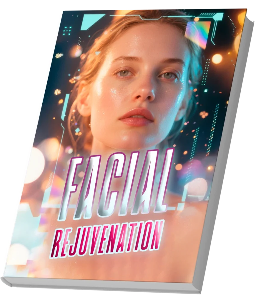 Ebook cover of Facial Rejuvenation with a close-up of a young woman with glowing luminous skin and a serene expression, illuminated in cyan and warm orange tones against a colorful bokeh background with holographic and technological interface elements, conveying youth, beauty, and skin renewal