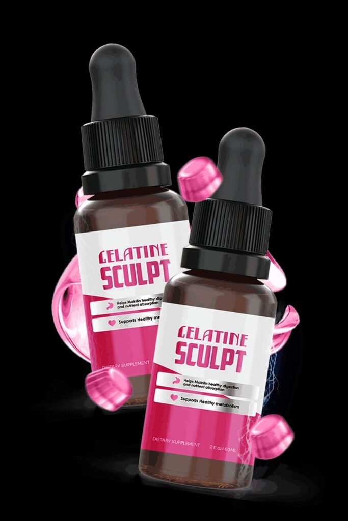 Two bottles of Gelatin Sculpt, a liquid dietary supplement with a dropper, in brown packaging with a pink label, provide support for healthy digestion, nutrient absorption, and accelerated metabolism, accompanied by pink capsules floating on a black background.