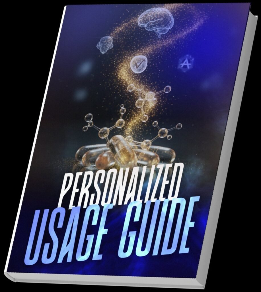 Ebook mockup with dark purple cover titled Personalized Usage Guide, featuring golden supplement capsules, three-dimensional molecular structures, and a glowing holographic brain floating above, symbolizing intelligent and personalized supplementation for cognitive health and well-being
