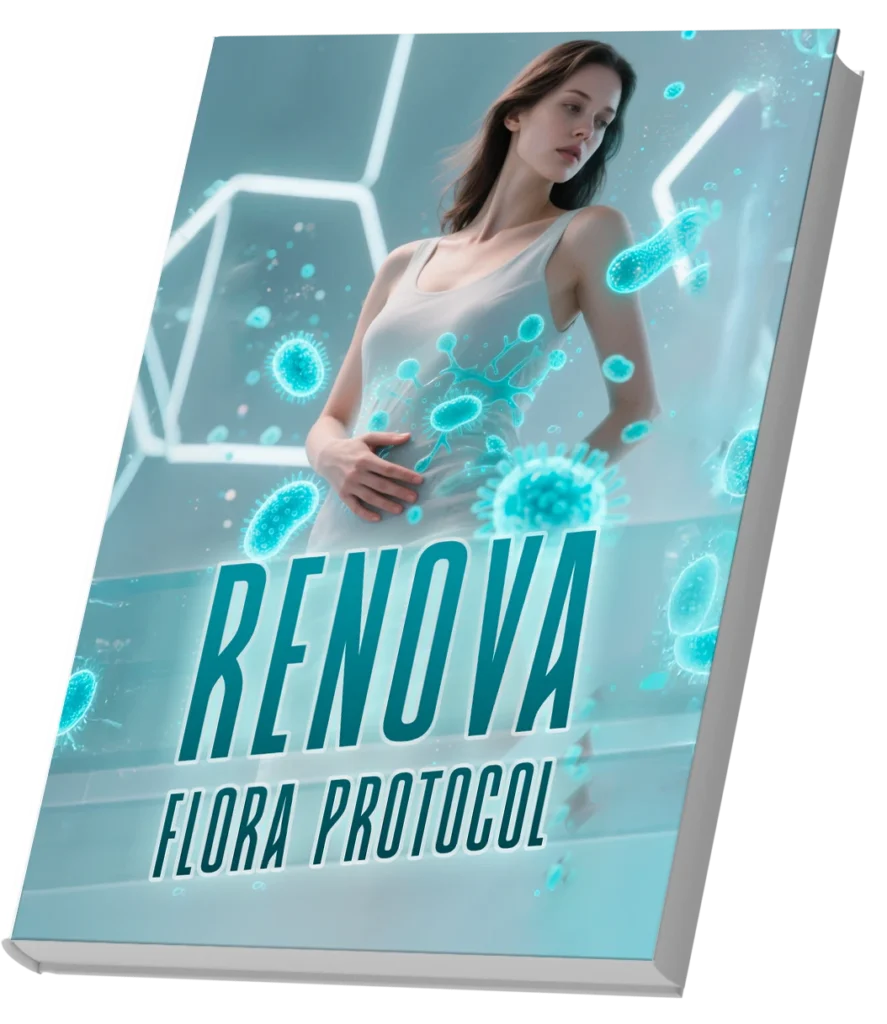 Ebook cover of Renova Flora Protocol showing a serene woman holding her abdomen, surrounded by bright turquoise glowing beneficial gut bacteria floating in a futuristic environment with neon hexagonal panels, representing gut microbiome health and digestive wellness