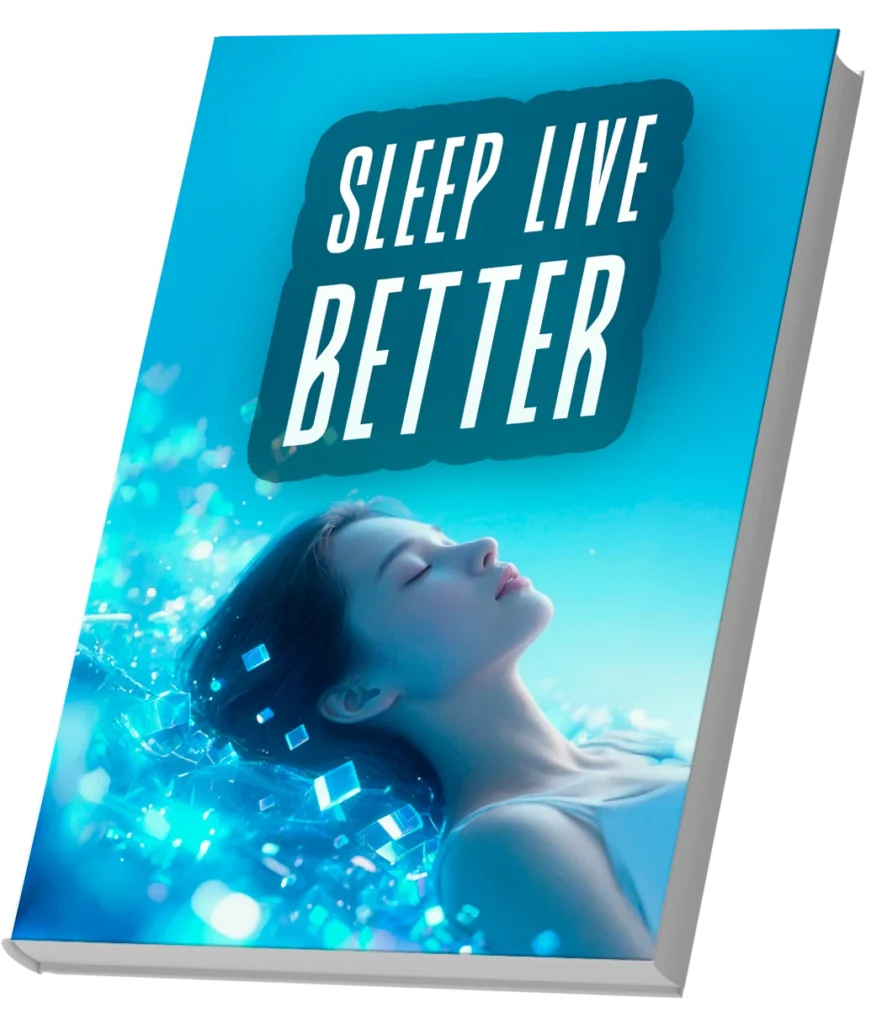 Ebook cover of Sleep Live Better with a vibrant turquoise blue background, bold white title inside a dark rounded badge, and an image of a young woman with closed eyes in a peaceful resting position surrounded by bright crystalline particles, evoking deep sleep, tranquility, and full body recovery