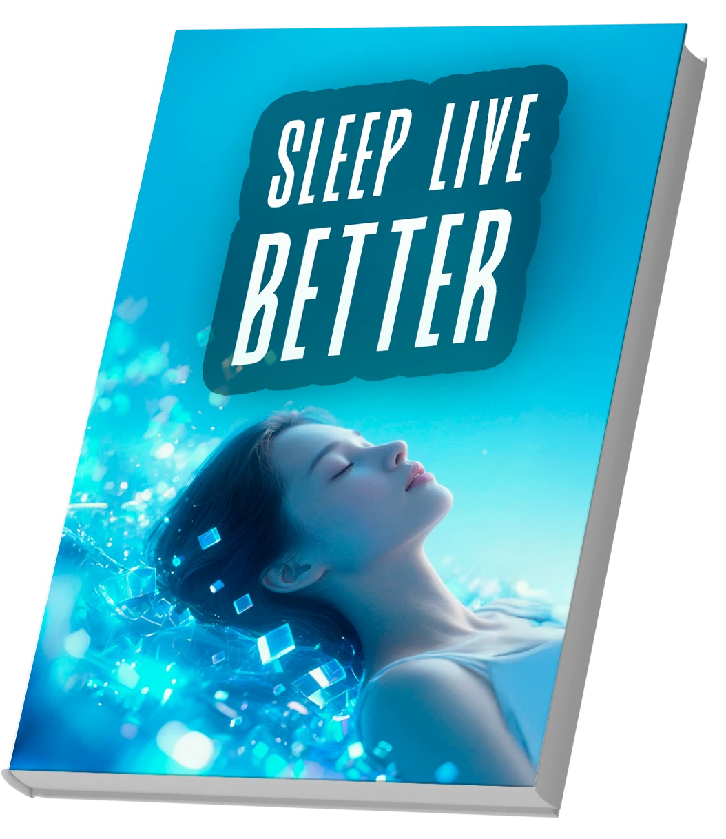 Ebook cover of Sleep Live Better with a vibrant turquoise blue background, bold white title inside a dark rounded badge, and an image of a young woman with closed eyes in a peaceful resting position surrounded by bright crystalline particles, evoking deep sleep, tranquility, and full body recovery