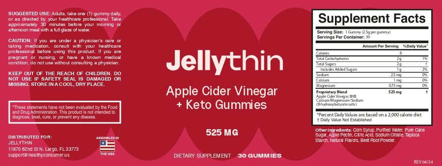 Jellythin supplement facts label – apple cider vinegar and keto gummies 525mg proprietary blend with BHB salts calcium magnesium sodium assembled in USA